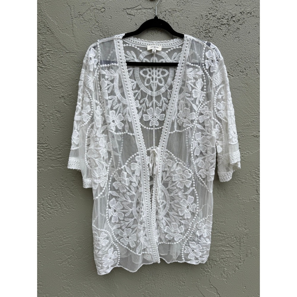 UMGEE White Lace Sheer Floral Oversized Kimono Cardigan SMALL Embroidery Layers